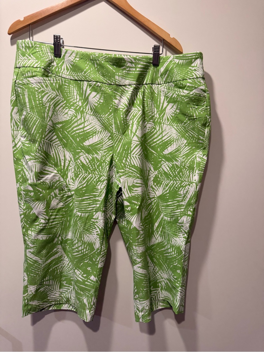 Belle by Kim Gravel Palm Print Pull-On Bermuda Golf Shorts Green White Size 20W